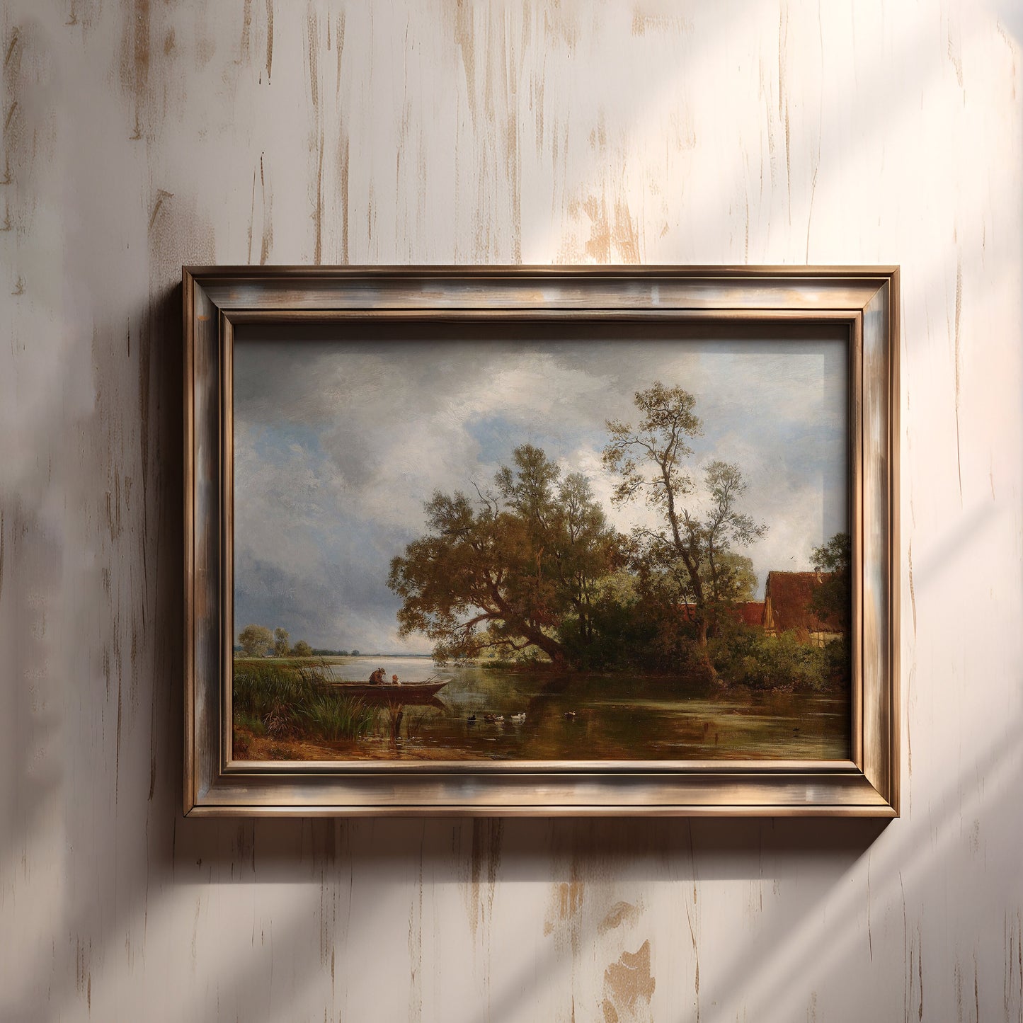 Philipp Roth - Fishermen on boat , River Landscape , Farmhouse original vintage painting oil , Printable art instant download , SKU 246RP