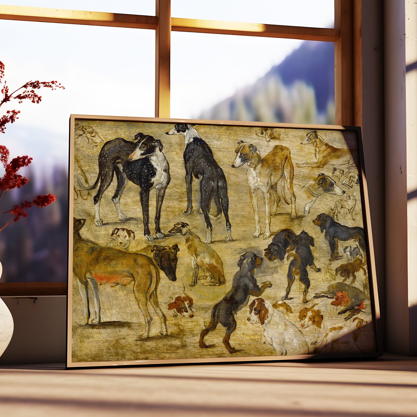 Dutch painter Jan the Elder Brueghel - Study Of Hounds, original antique painting, oil, vintage, Printable art instant download, SKU  265JEB