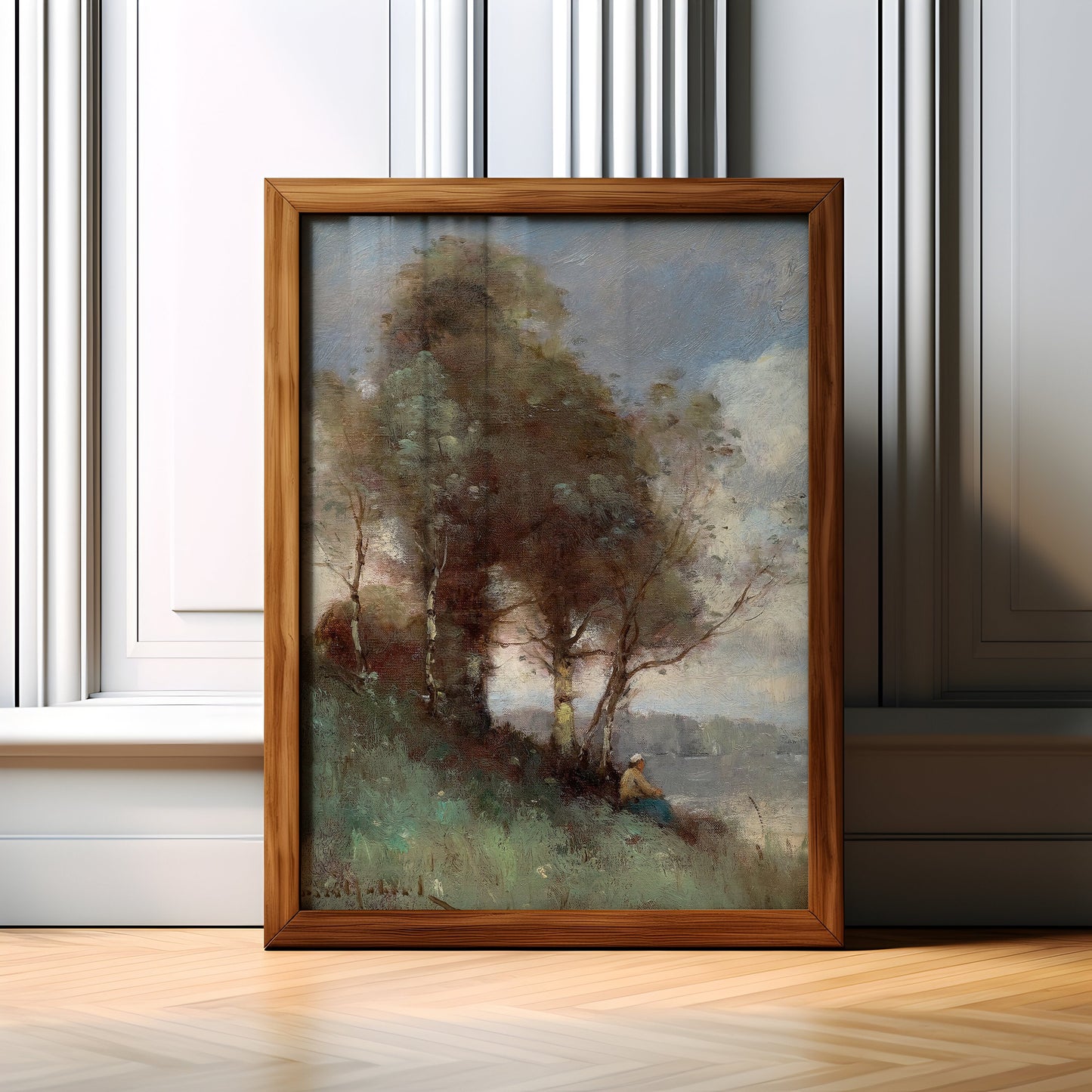 Landscape, Paul Trouillebert - Trees by the River, original antique painting oil, vintage, Printable art instant download, SKU  182PDT