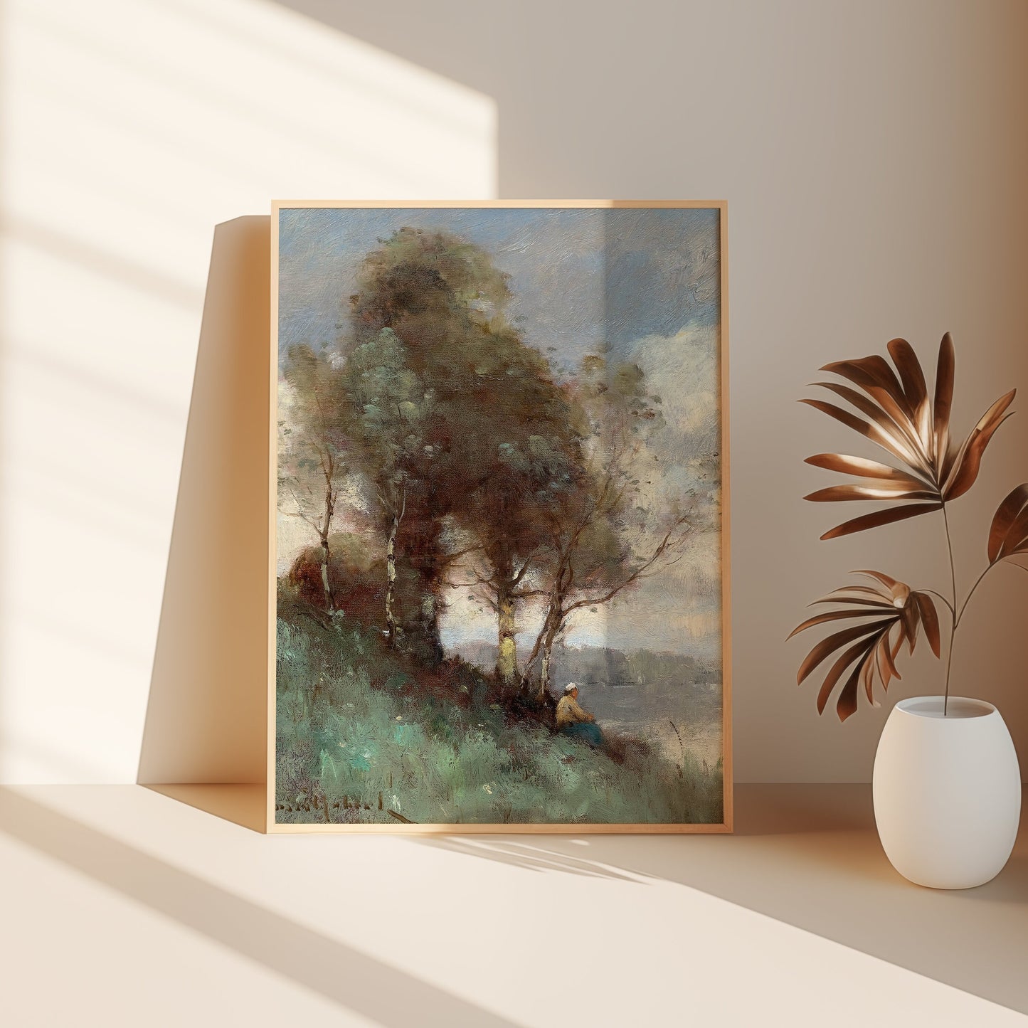 Landscape, Paul Trouillebert - Trees by the River, original antique painting oil, vintage, Printable art instant download, SKU  182PDT