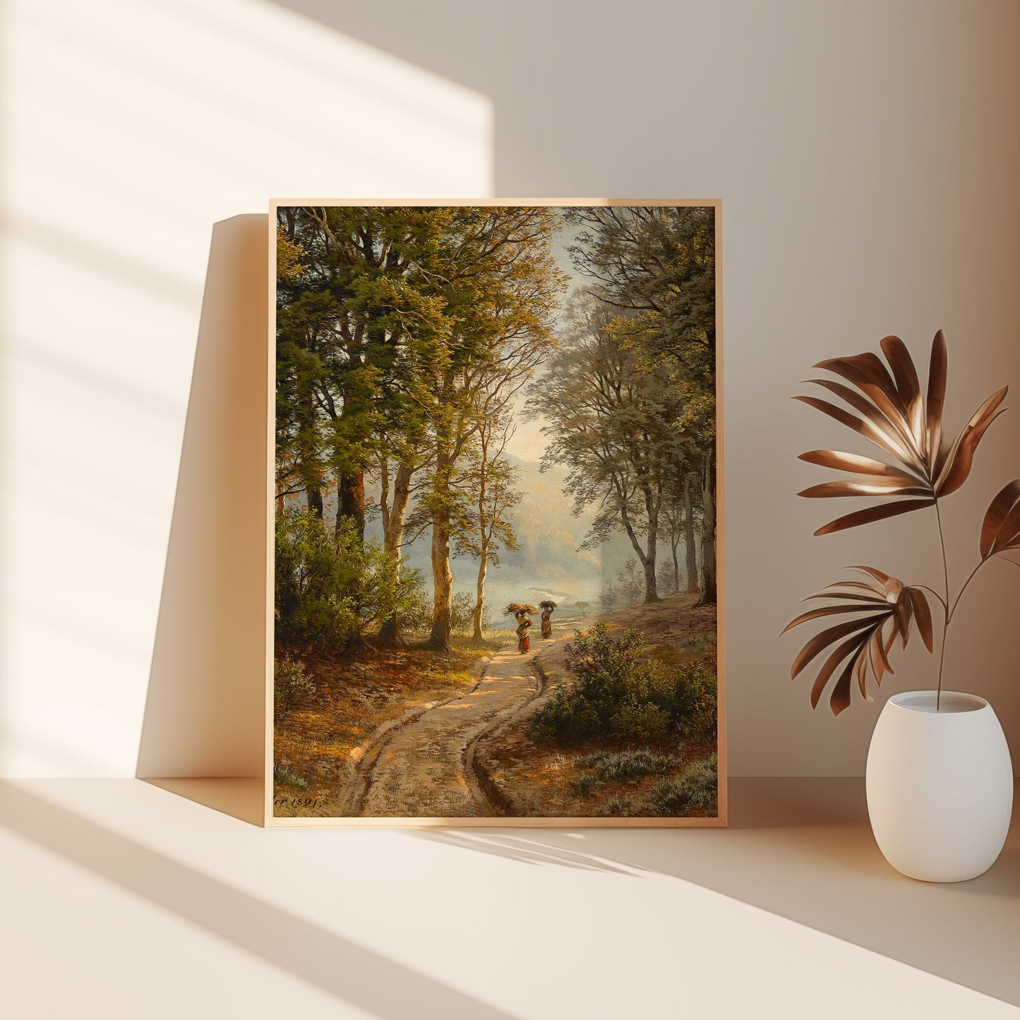 Friedrich Kessler - Forest path with two peasant women, antique painting oil, vintage, Printable art instant download, SKU  183FAK