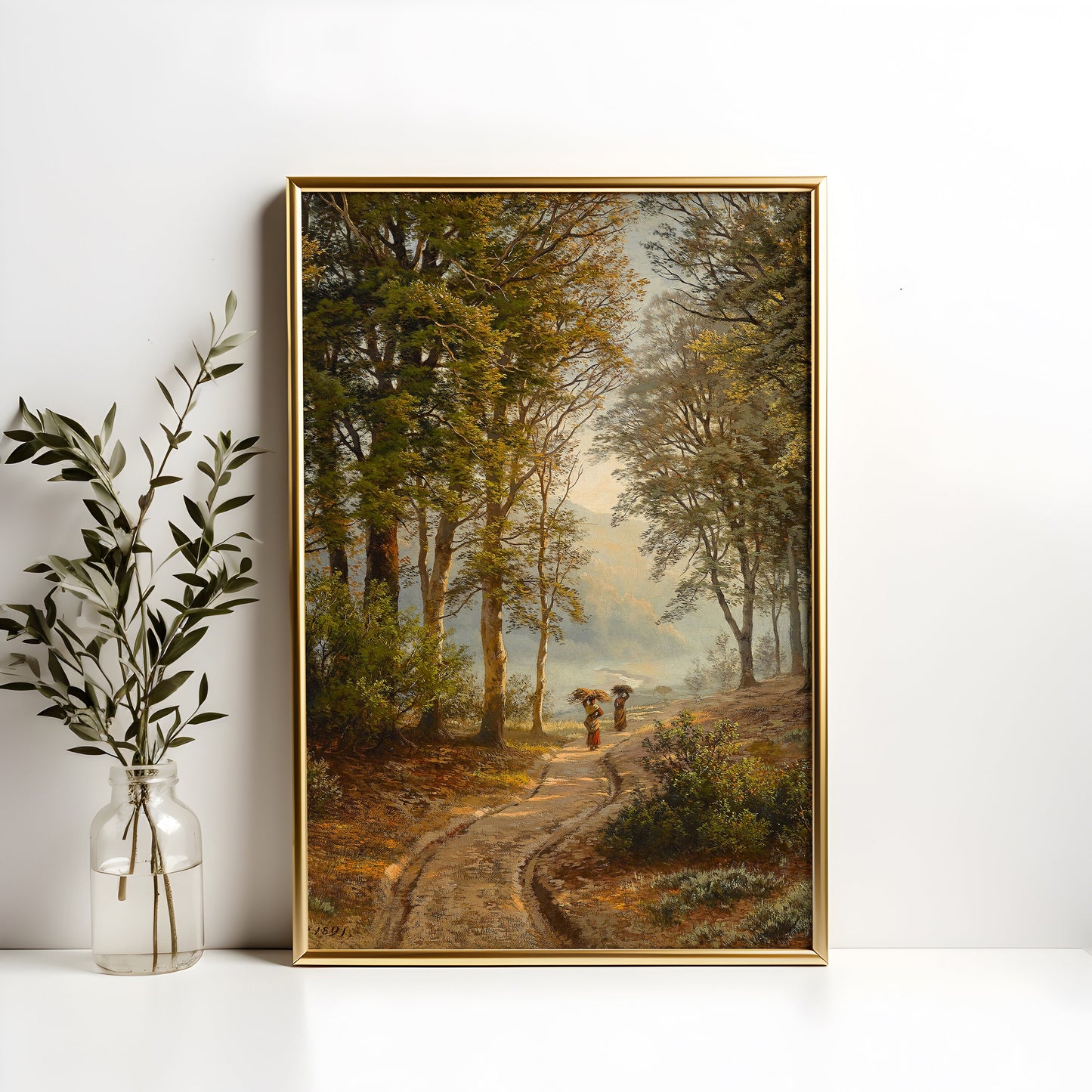 Friedrich Kessler - Forest path with two peasant women, antique painting oil, vintage, Printable art instant download, SKU  183FAK
