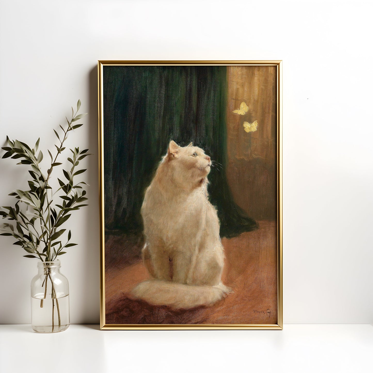 Arthur Heyer White cat, oil, cute original antique painting vintage, animal lover gift, Printable art instant download, SKU  189AH