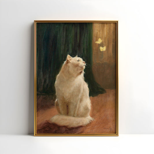 Arthur Heyer White cat, oil, cute original antique painting vintage, animal lover gift, Printable art instant download, SKU  189AH