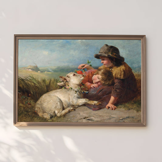 James John Hill - Children with Lamb , oil cute antique figure painting , vintagePrintable art instant download , SKU 253JJH