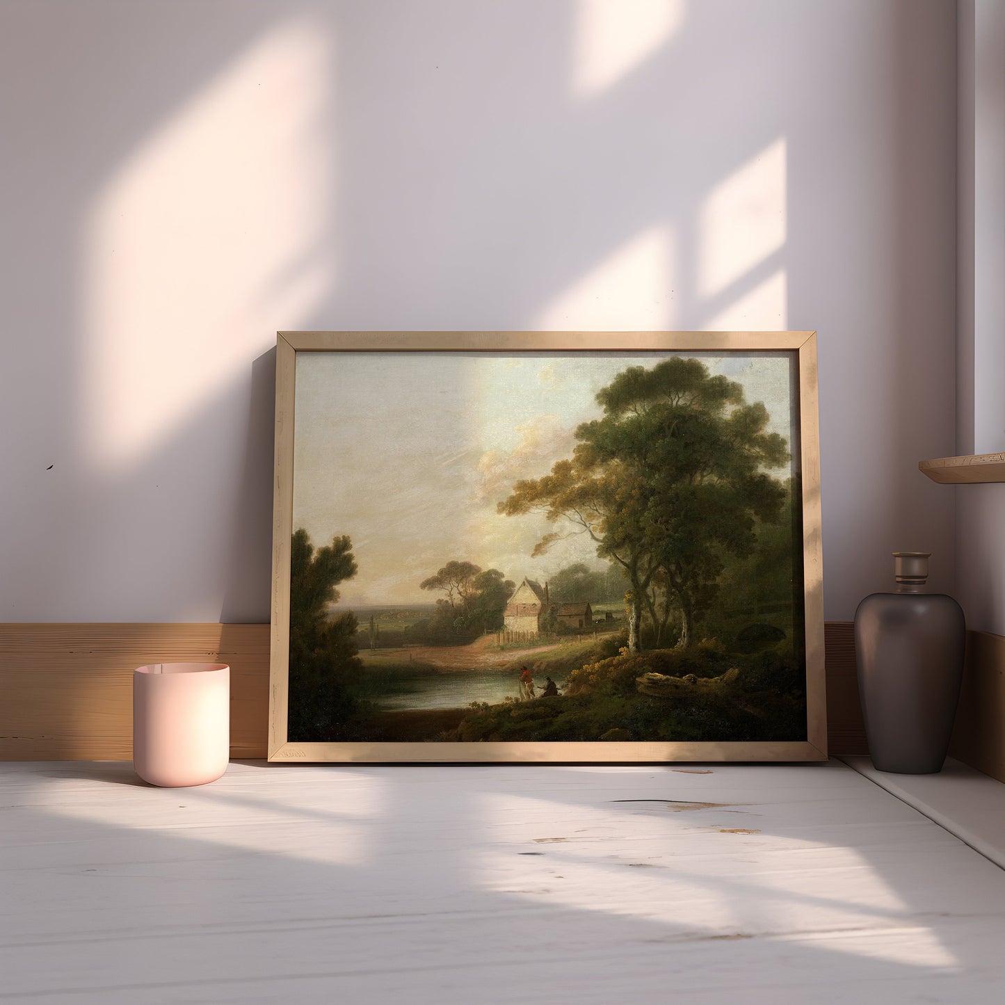 John Rathbone - River Landscape , Farmhouse , original antique painting , oil vintage Printable art instant download , SKU 215JR