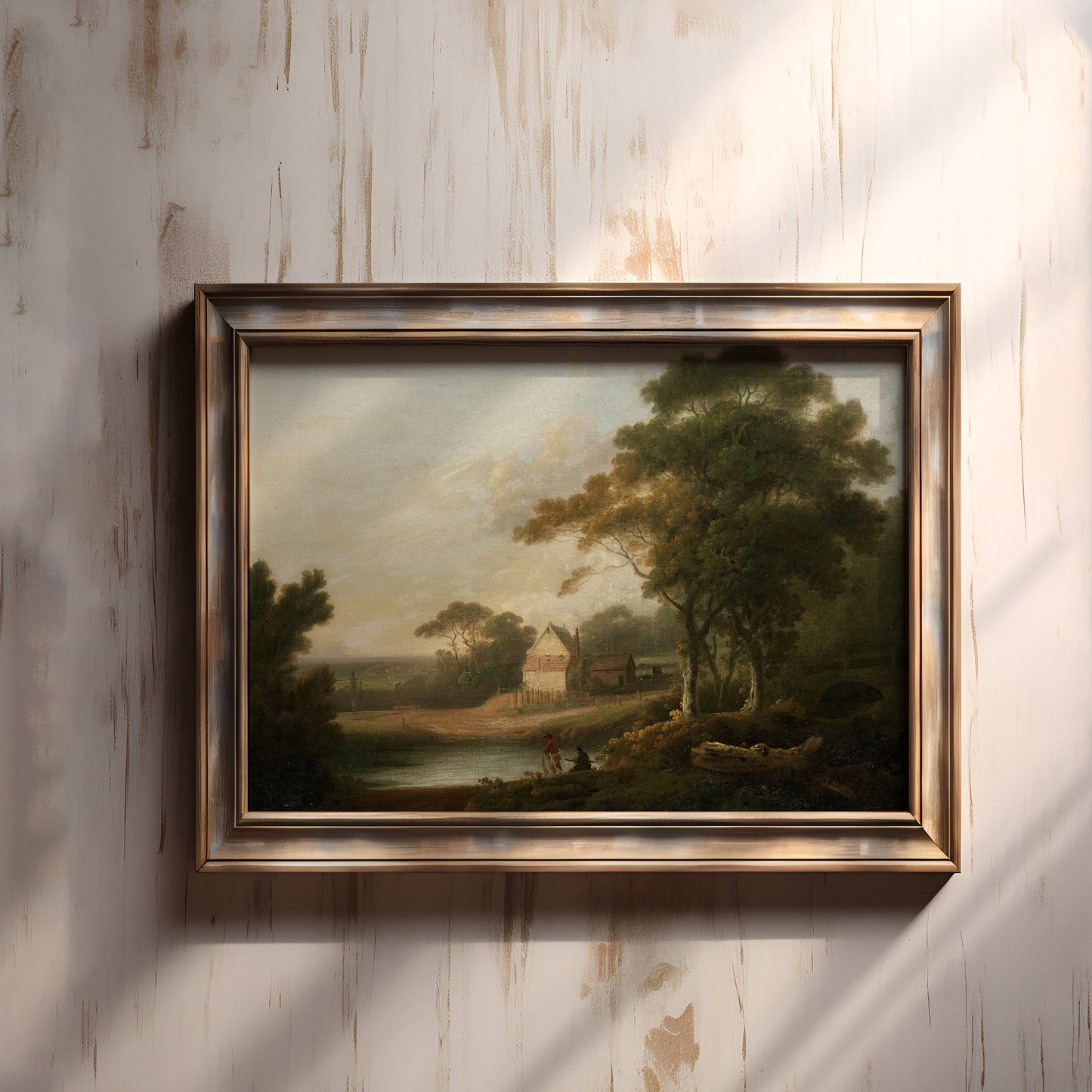 John Rathbone - River Landscape , Farmhouse , original antique painting , oil vintage Printable art instant download , SKU 215JR