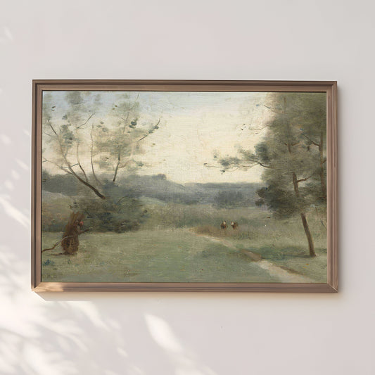 Rustic landscape , Camille Corot - Wood picker , oil original antique painting , vintage Printable art instant download , SKU 231Corot