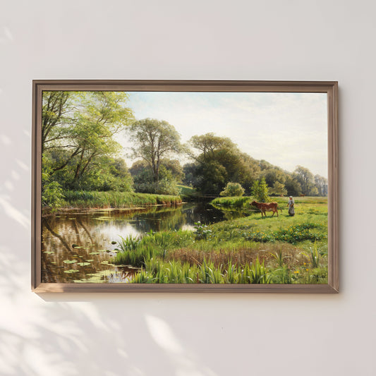Rustic Landscape , Peder Monsted - Grazing Cow by River , original antique painting , oil vintage Printable art instant download , SKU 230PM