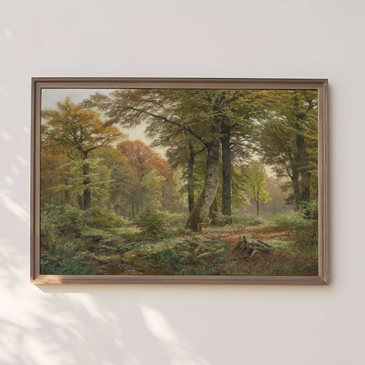 Rustic Landscape - forest clearing with roe deer , original antique painting , oil vintage Printable art instant download , SKU 221HB