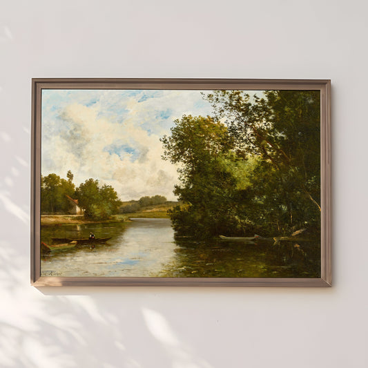 Rustic Landscape , Léon Richet - fisherman in boat , original antique painting , oil vintage Printable art instant download , SKU 216LR