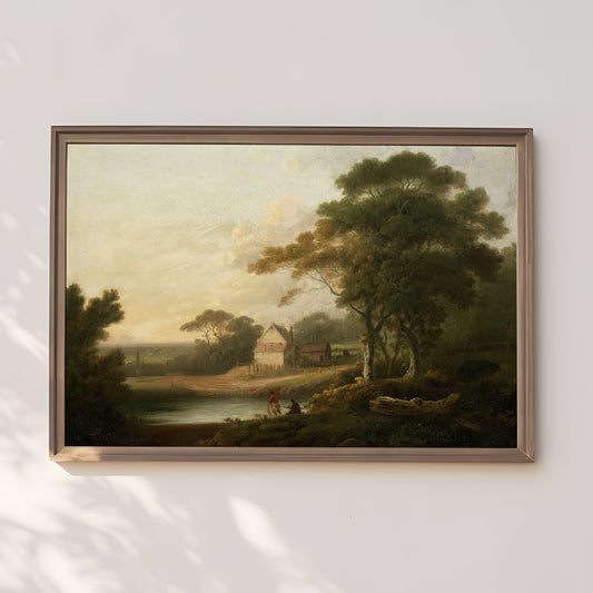 John Rathbone - River Landscape , Farmhouse , original antique painting , oil vintage Printable art instant download , SKU 215JR
