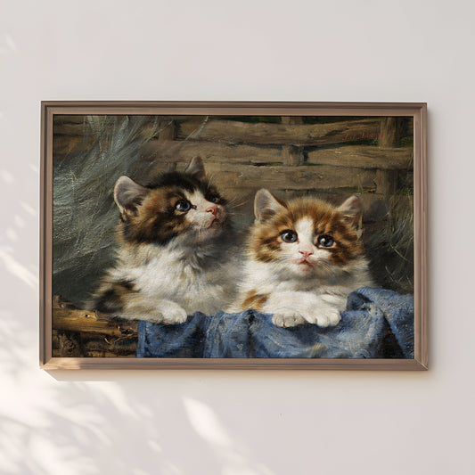 Julius Adam - Two kittens in basket, oil cute antique painting vintage, animal lover gift, Printable art instant download,  SKU  204JA
