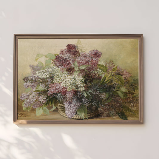 Still-life Flowers, Carl Massmann Basket of lilacs, original antique painting oil vintage, Printable art instant download, SKU  K.CM39