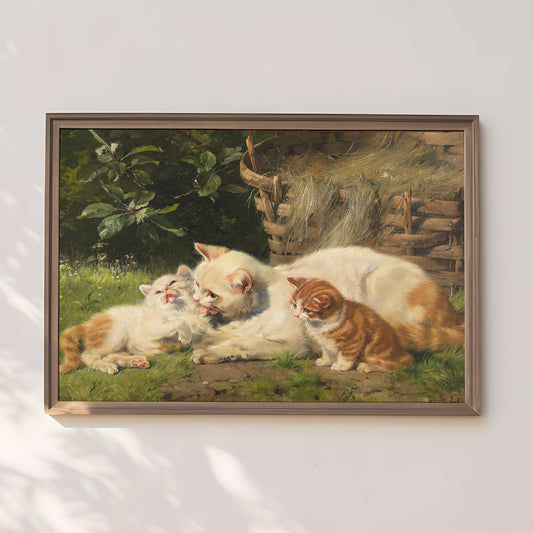 Julius Adam, Cat with two kittens, oil, cute antique painting vintage, animal lover gift, Printable art instant download,  SKU  29K_JA.29