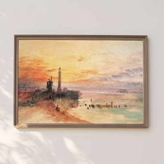 William Turner, Sea Lighthouse at Sunset, original antique painting, watercolour vintage, Printable art instant download, SKU  157-WT