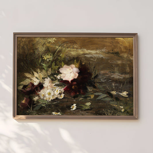 Sea Roses Flowers and Daisies, living room decor, original antique painting oil vintage, Printable art instant download, SKU  149-GSB