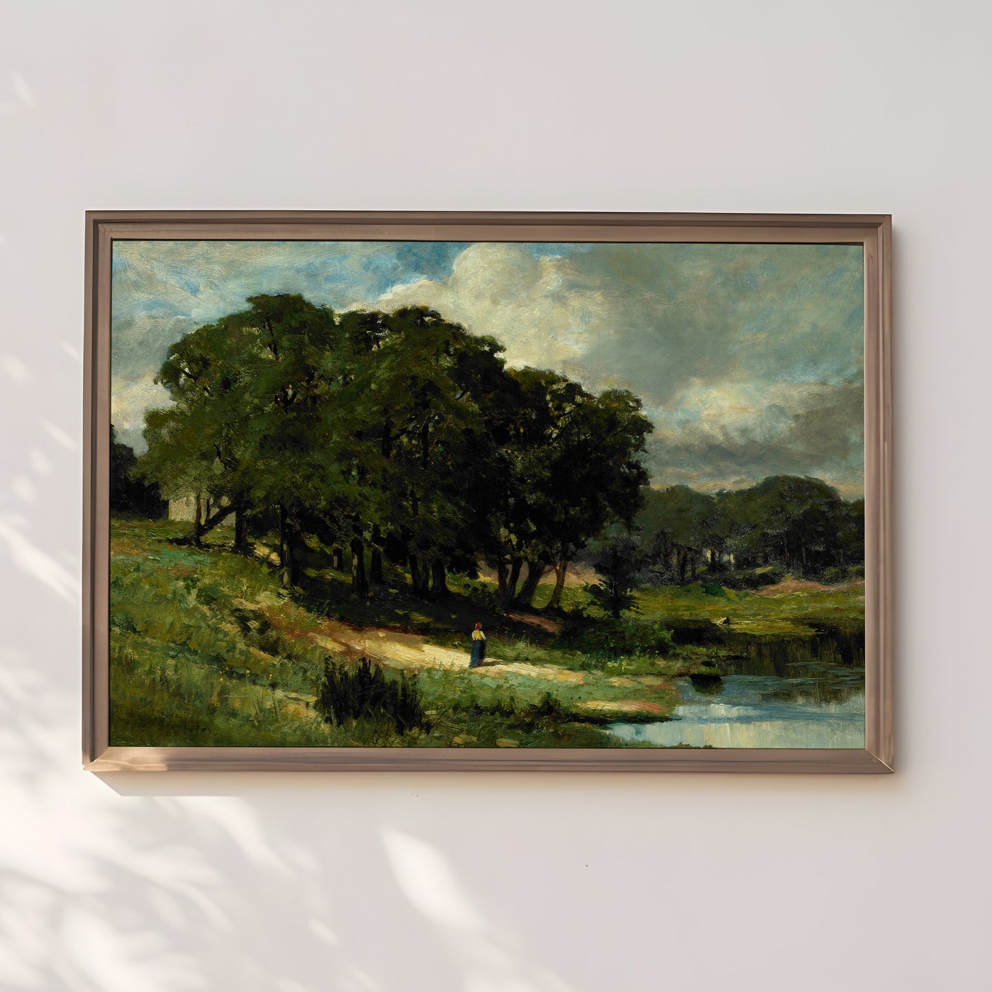 Rustic Landscape - Woman near a Pond, oil original antique painting, vintage, Printable art instant download, Bannister, SKU  140-EMB