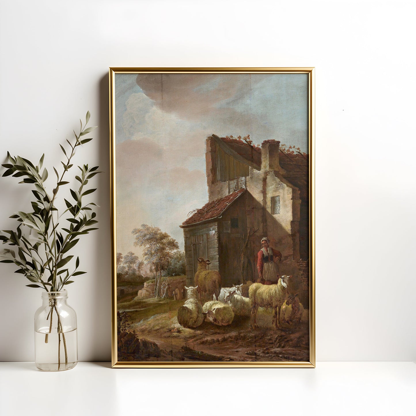 Flemish painting Jan Baptist Wolfaerts - Woman with sheeps, original antique oil vintage, Printable art instant download, SKU  K-JBW97