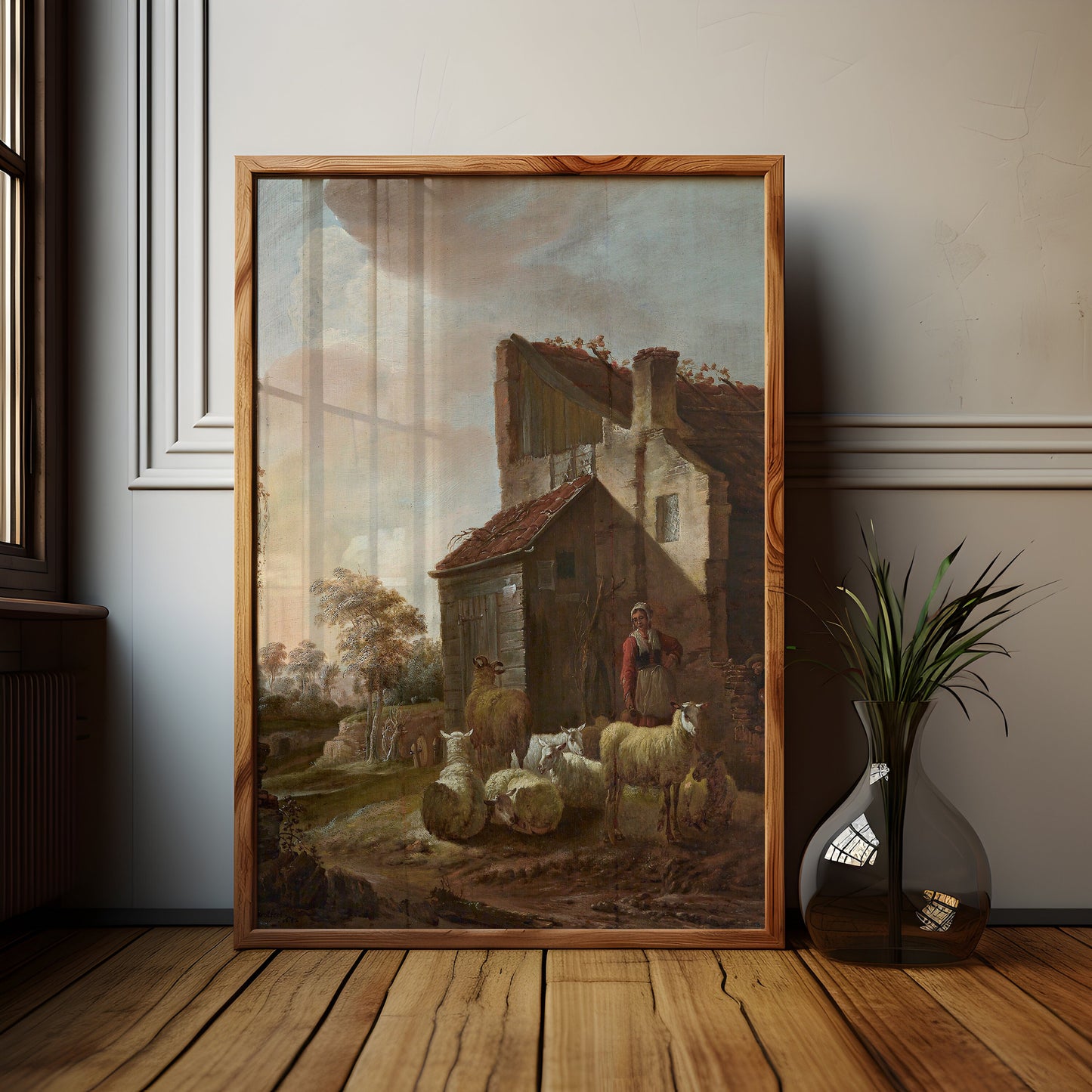 Flemish painting Jan Baptist Wolfaerts - Woman with sheeps, original antique oil vintage, Printable art instant download, SKU  K-JBW97
