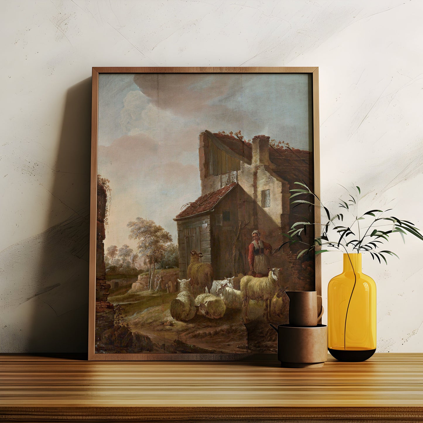 Flemish painting Jan Baptist Wolfaerts - Woman with sheeps, original antique oil vintage, Printable art instant download, SKU  K-JBW97
