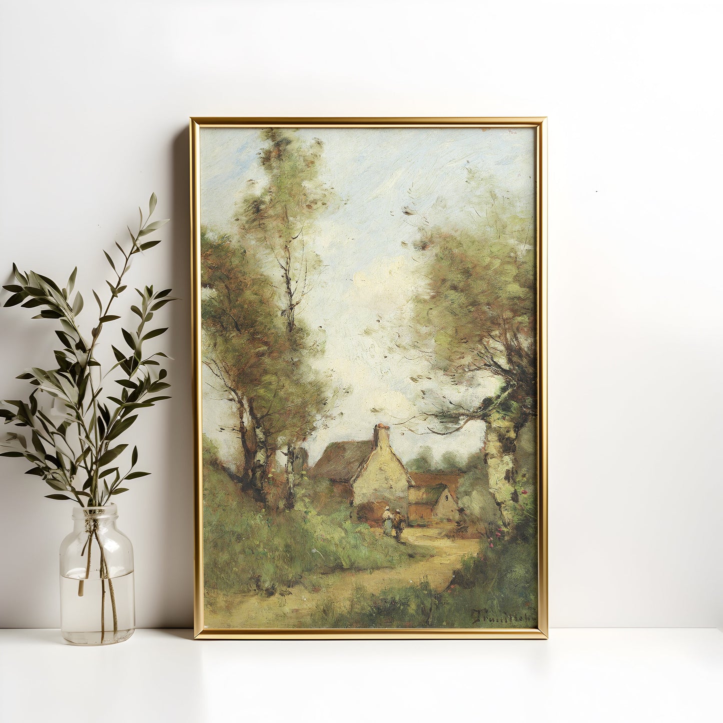 Paul Desire Trouillebert, Landscape - Peasants Outside Village, original antique painting oil, vintage, Printable art instant download, SKU   K-PDT98