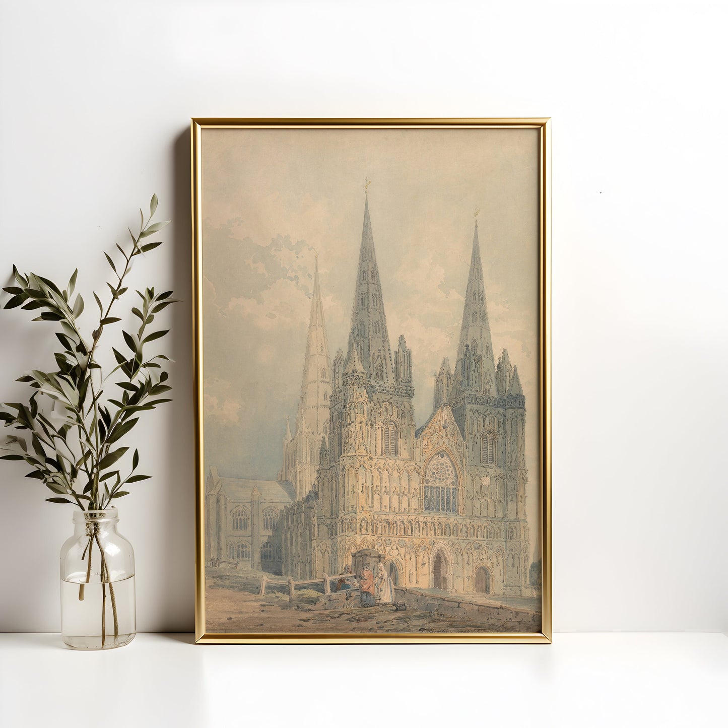 Thomas Girtin - Lichfield Cathedral, original antique painting, watercolour, vintage, Printable art instant download, SKU  K-TG101