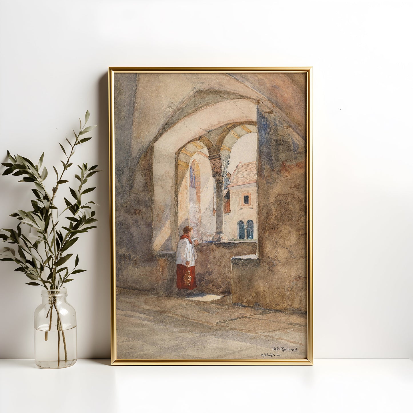 Hugo Charlemont - In Cloister , original antique figure painting , watercolour vintage Printable art instant download , SKU K-HC134