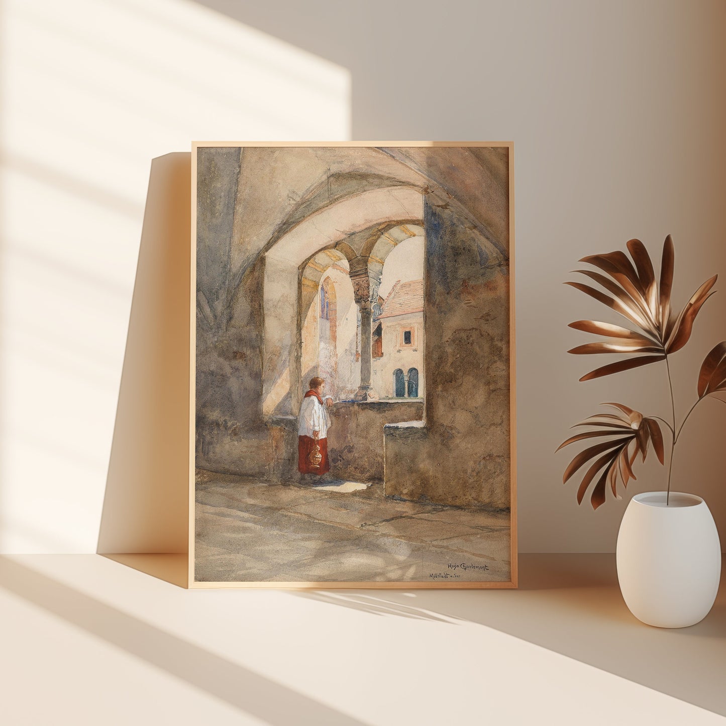 Hugo Charlemont - In Cloister , original antique figure painting , watercolour vintage Printable art instant download , SKU K-HC134