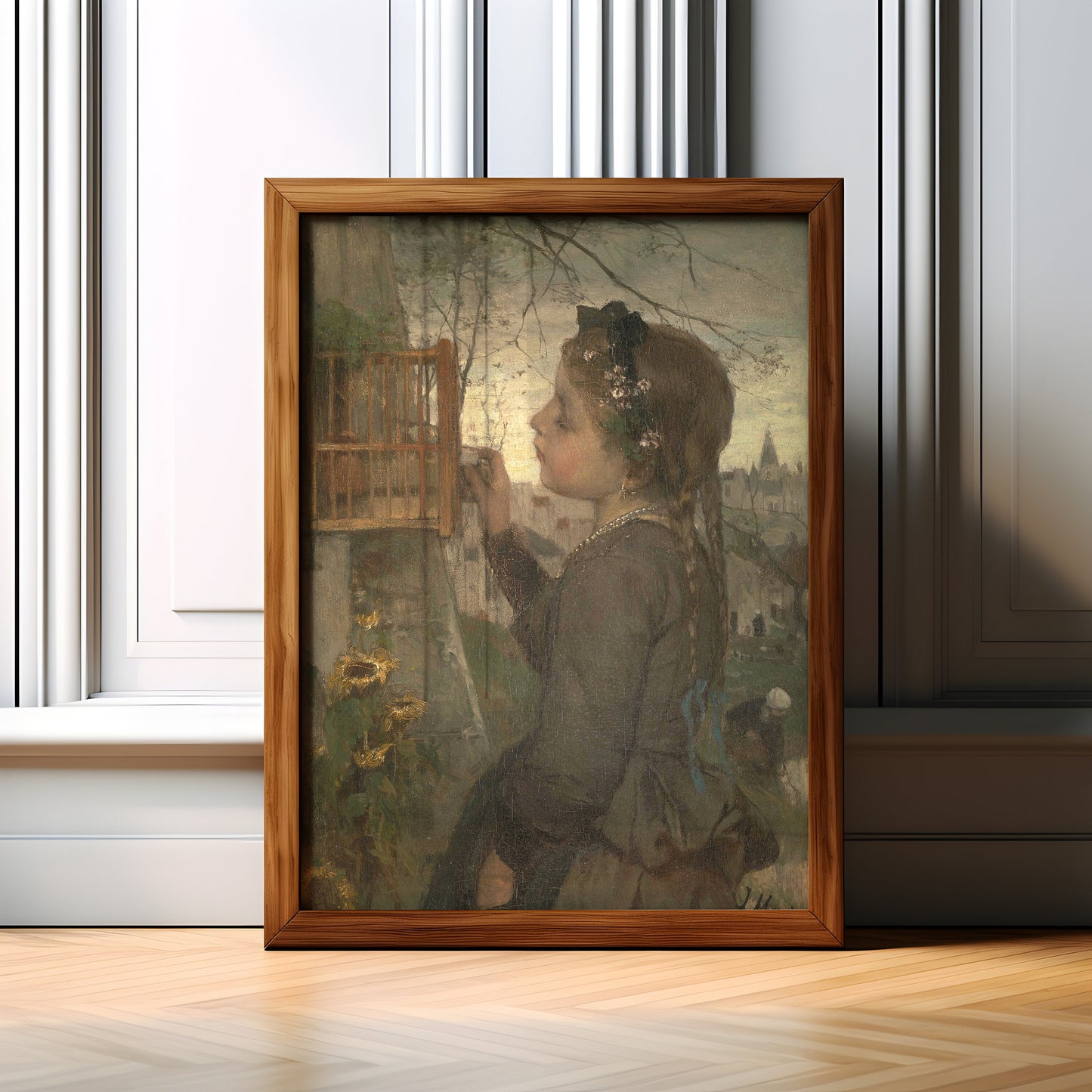 Girl Feeding Bird in Cage - Jacob Maris , original antique oil figure painting , vintage Printable art instant download , SKU K-JM56