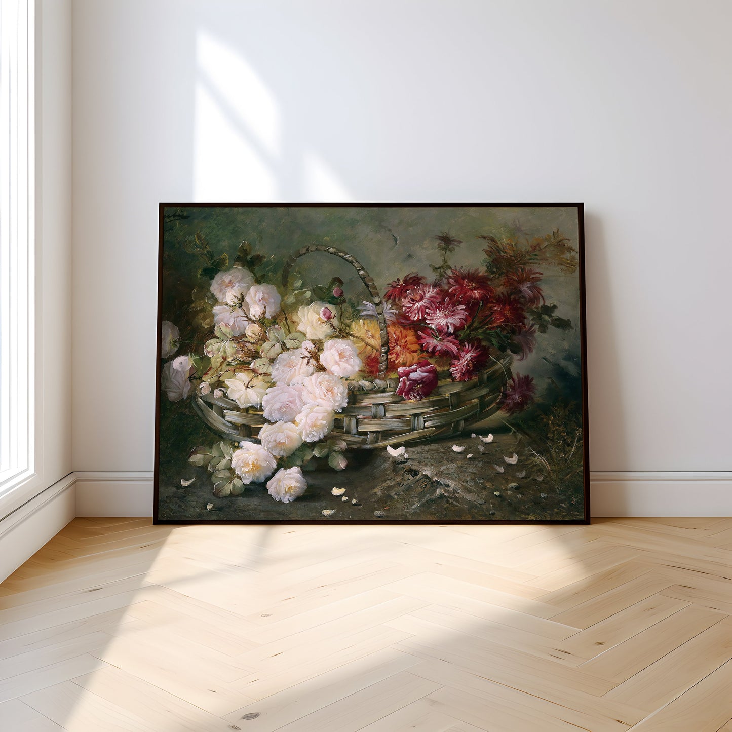 Still-life Flowers, Max Carlier - Roses and Asters in Basket, original antique painting, vintage Printable art instant download, SKU 244MC