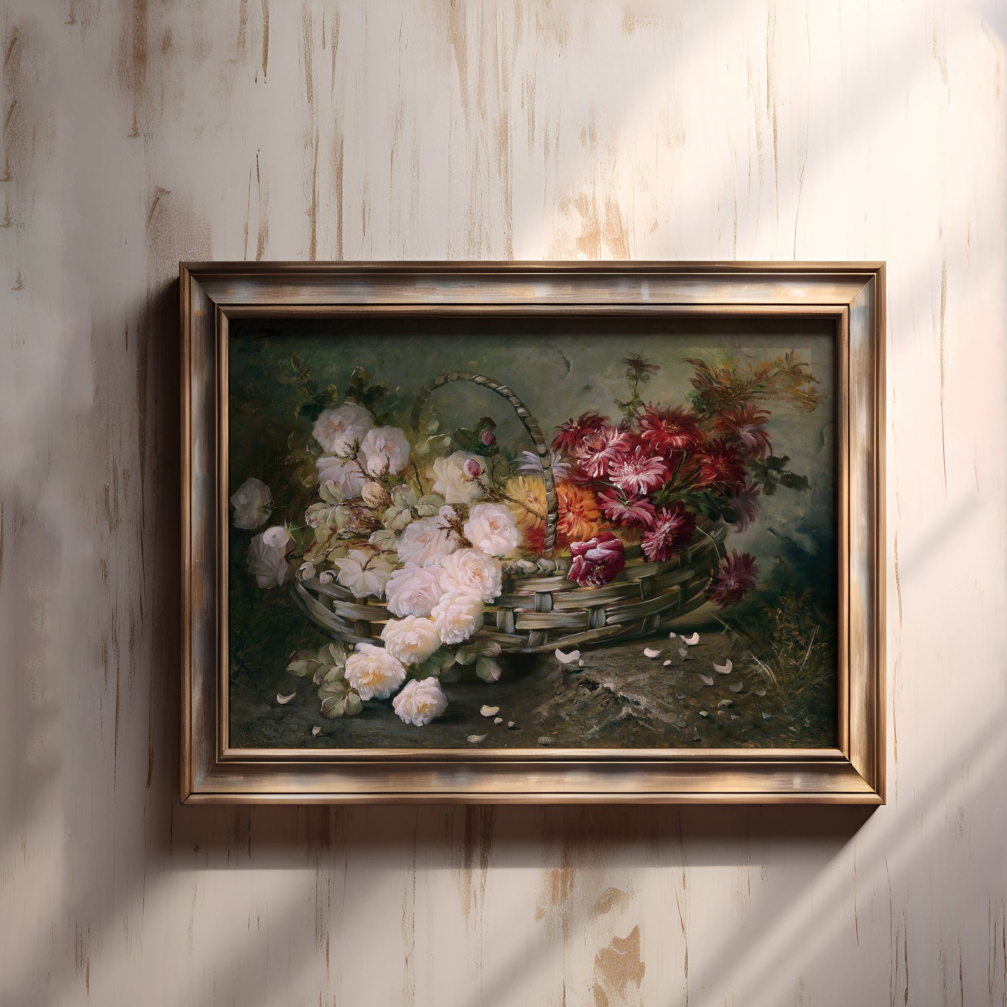 Still-life Flowers, Max Carlier - Roses and Asters in Basket, original antique painting, vintage Printable art instant download, SKU 244MC