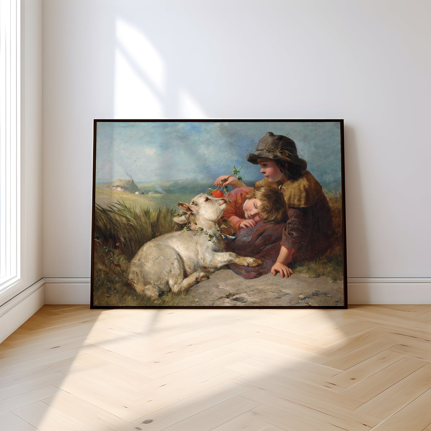 James John Hill - Children with Lamb , oil cute antique figure painting , vintagePrintable art instant download , SKU 253JJH