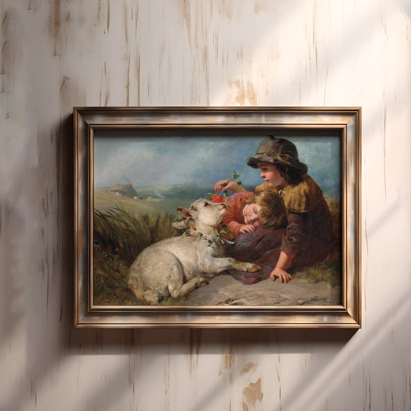 James John Hill - Children with Lamb , oil cute antique figure painting , vintagePrintable art instant download , SKU 253JJH