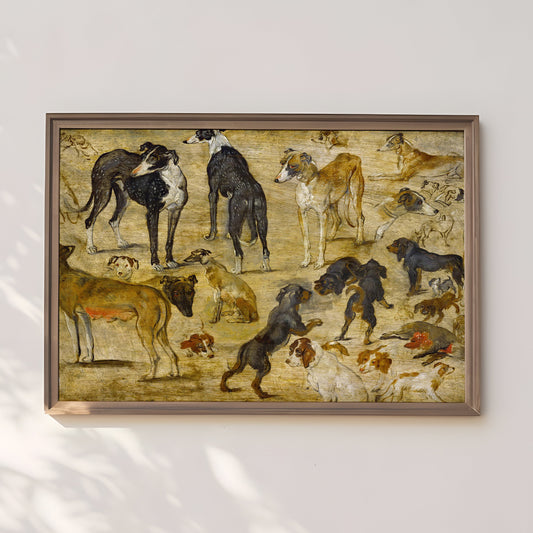Dutch painter Jan the Elder Brueghel - Study Of Hounds, original antique painting, oil, vintage, Printable art instant download, SKU  265JEB