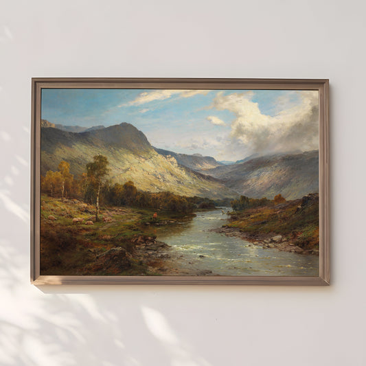 Alfred de Breanski - Fishing on Shore of Mountain Rive, original antique painting oil, vintage, Printable art, instant download, SKU  259AB