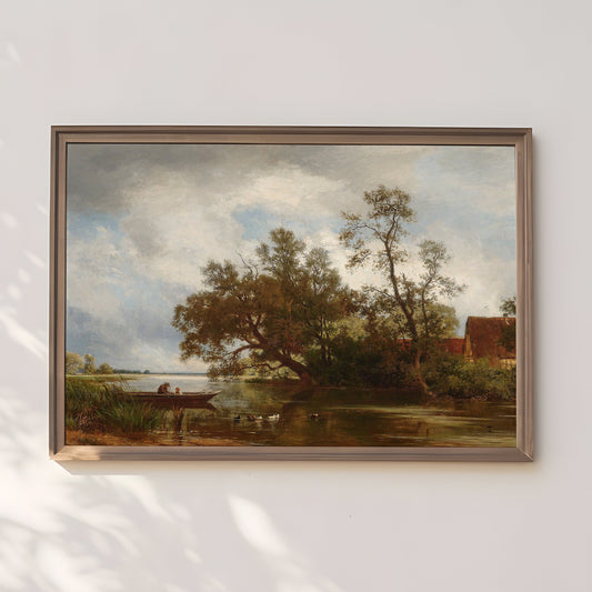 Philipp Roth - Fishermen on boat , River Landscape , Farmhouse original vintage painting oil , Printable art instant download , SKU 246RP