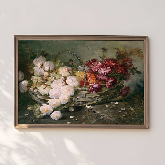 Still-life Flowers, Max Carlier - Roses and Asters in Basket, original antique painting, vintage Printable art instant download, SKU 244MC