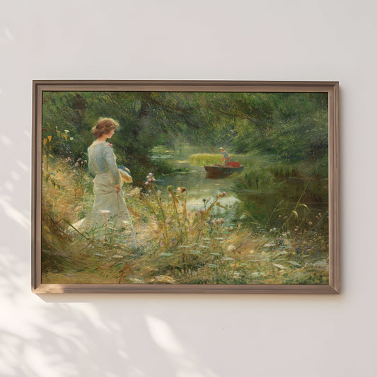 Charles William Wyllie - Young Woman at backwater , original antique figure painting , vintage Printable art instant download , SKU 240CWW