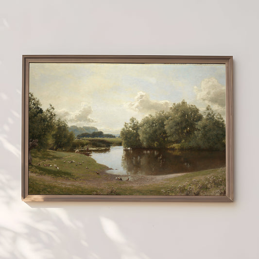 Rustic Landscape , Alfred Parsons - Ouse at Bledsoe , original antique painting , oil vintage Printable art instant download , SKU 238AP