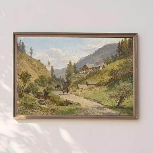 Leopold Munsch - Landscape Austrian Village in Mountains, original vintage painting, oil antique, Printable art instant download, SKU  235LM