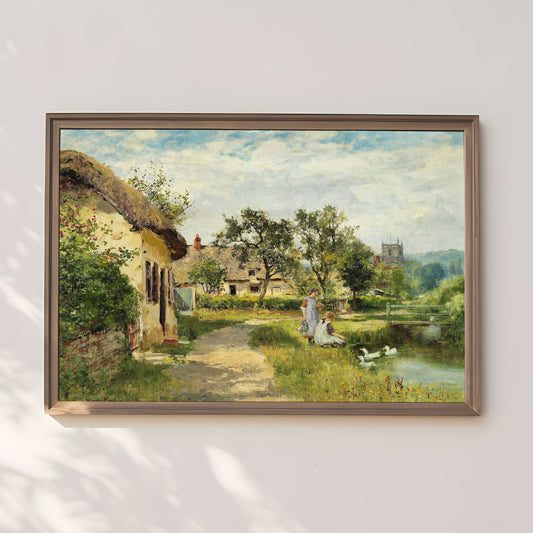 Landscape , Feeding Ducks - John Yeend King , original antique painting oil , vintage Printable art instant download , SKU 205JYK