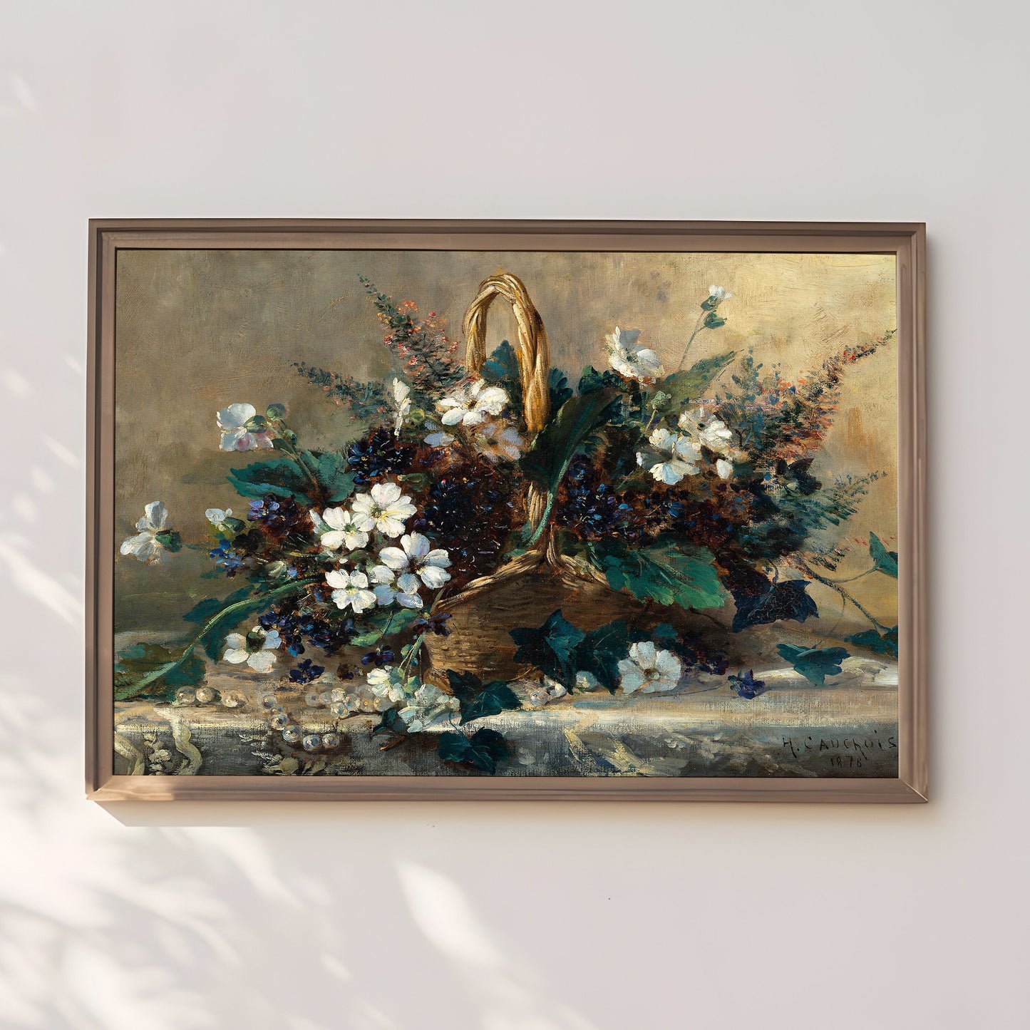 Still-life Flowers, Snowflakes and Violets, original antique painting oil vintage, Printable art instant download, Cauchois, SKU  K.EHK40