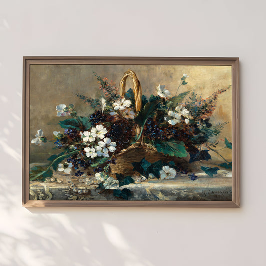 Still-life Flowers, Snowflakes and Violets, original antique painting oil vintage, Printable art instant download, Cauchois, SKU  K.EHK40