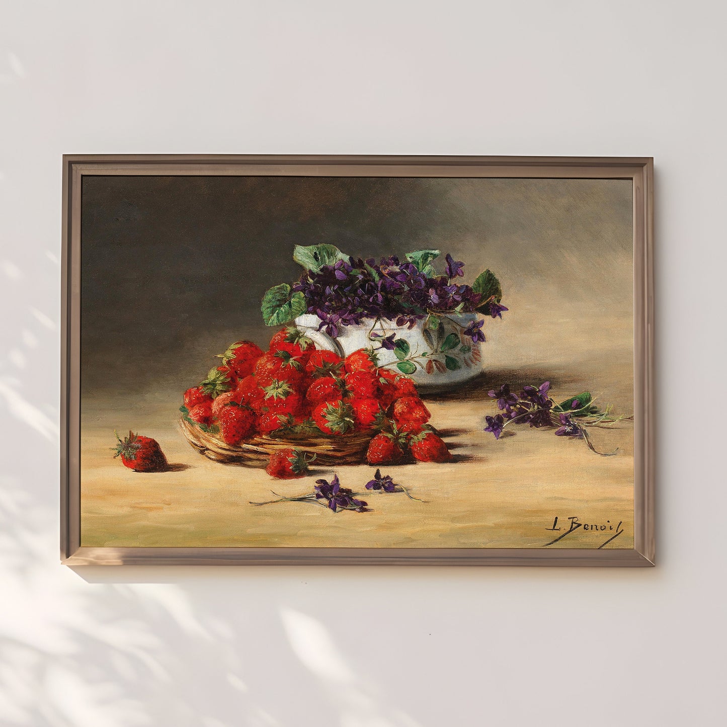 Still-life, Benoit, Strawberries and violets, original antique painting oil vintage, Printable art instant download, SKU  K.LMB41