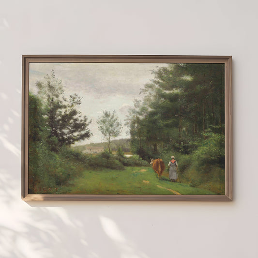 Rustic landscape, Camille Corot - Peasant with Cow, original antique painting, vintage, Printable art instant download, SKU  163-CC