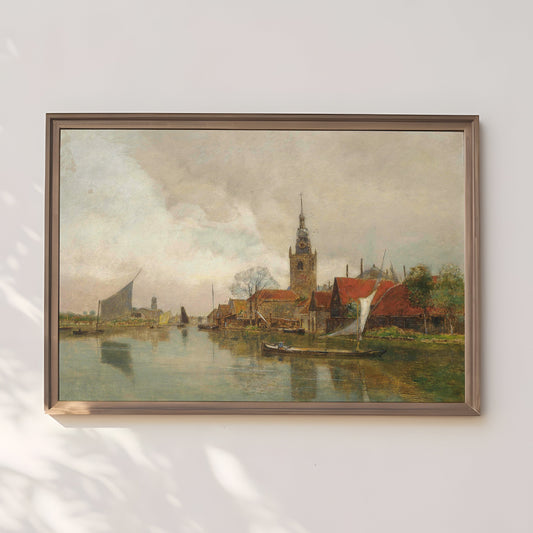 Rudolf Ribarz River in Rotterdam, Urban Landscape, original antique painting oil, vintage, Printable art instant download,  SKU  159-RR