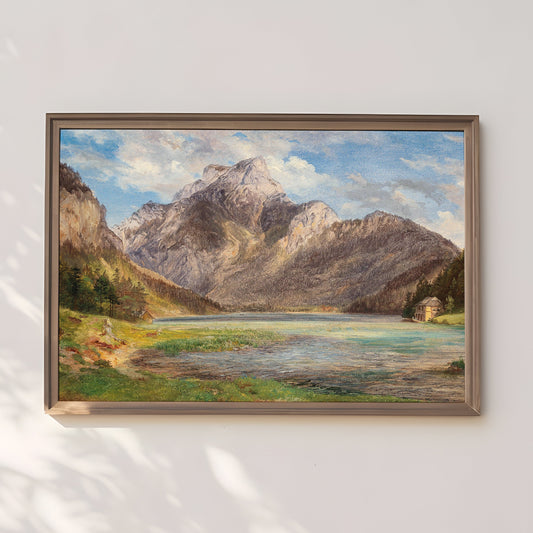 Living room Decor, Friedrich Loos - Mountain Lake, original antique painting, vintage, Printable art instant download, SKU  138-FL