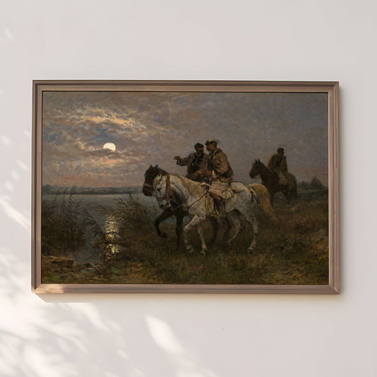 Horsemen , Otto von Thoren - Full Moon Night , Original antique figure painting  , vintage Printable art instant download , SKU 268OT