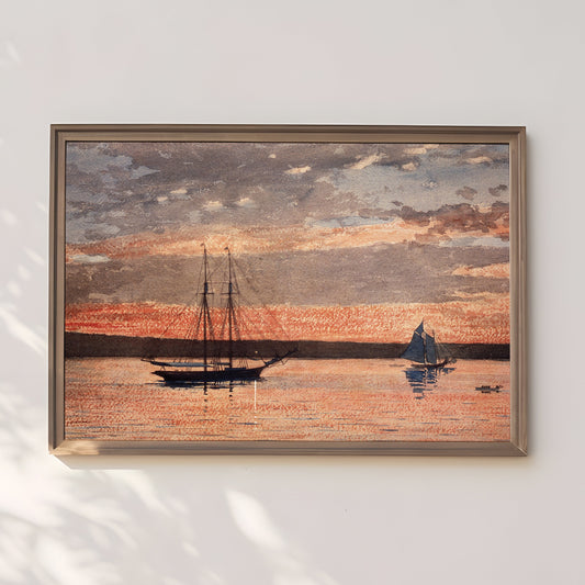 Winslow Homer - Sailboats at Sunset, 19th century, Seascape original vintage watercolour painting, Printable art instant download, SKU 284WH